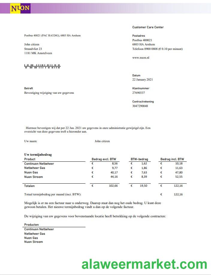 Netherlands NUON gas utility bill template in Word and PDF format in Dutch language